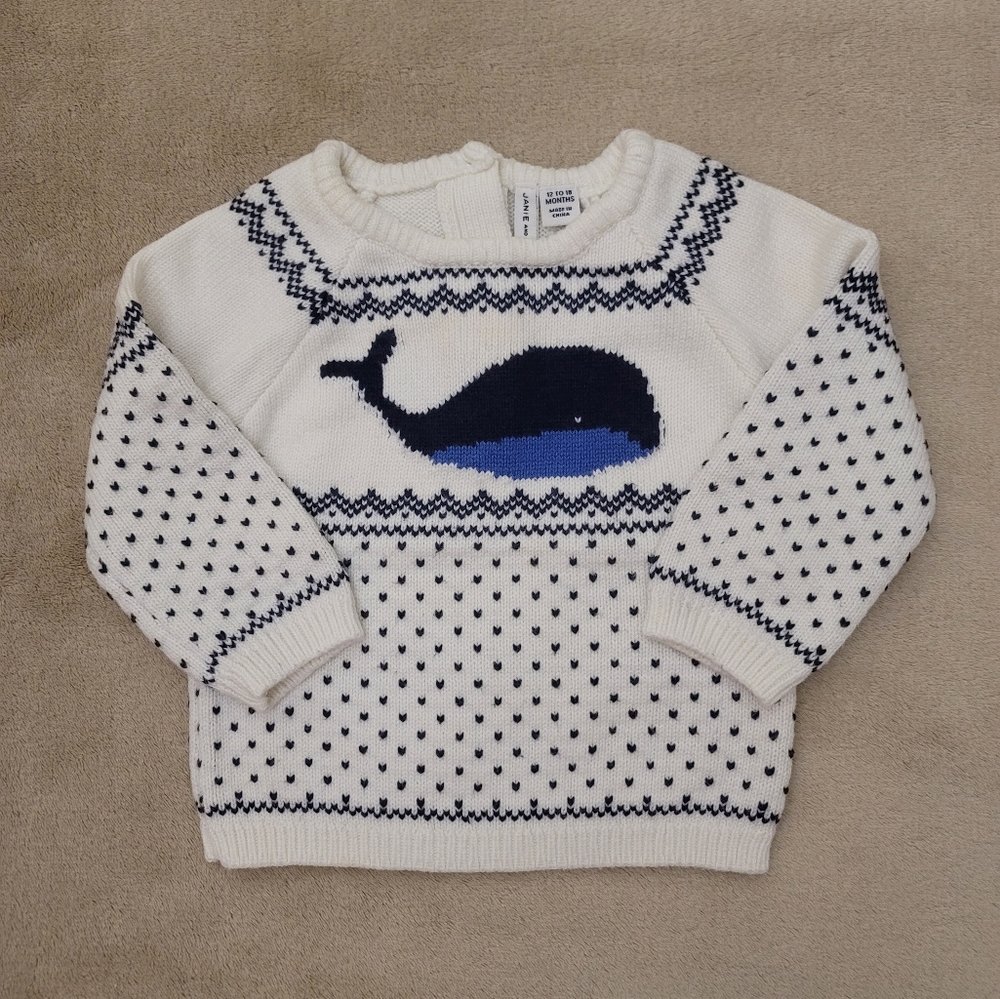 Janie & Jack Baby Whale Ivory/Navy Long Sleeve Knit Sweater Size 12-18 Months